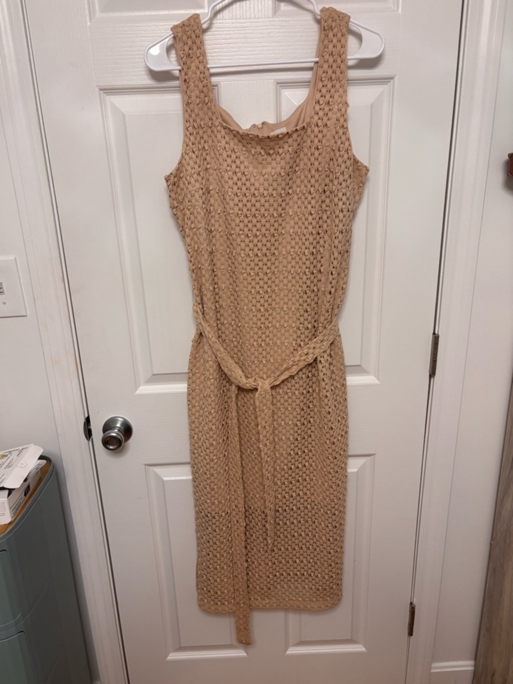 Anne Klein Beige Crochet Midi Dress with Braided Belt